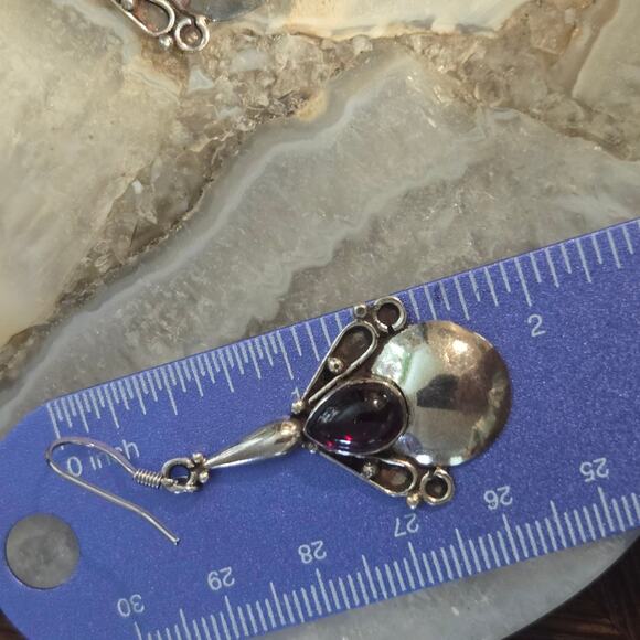 Vintage Sterling Silver Garnet Drop Dangle Earrings - Picture 12 of 12